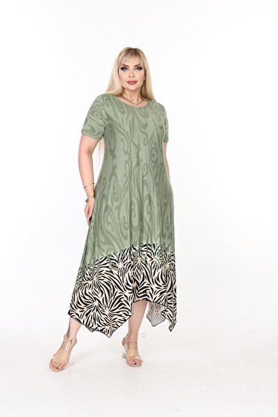 mezura tekstil Μεγάλο μέγεθος Γυναικείο φόρεμα με χτενισμένο βισκόζη με κοντό μανίκι ασύμμετρη φούστα