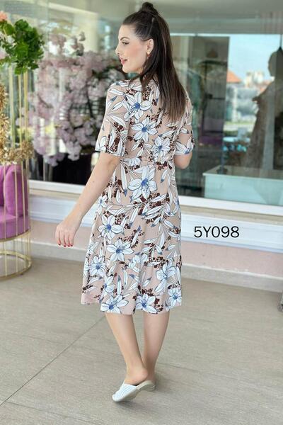 İnce Topuk V-Neck Button Detail Viscose Dress 5Y098