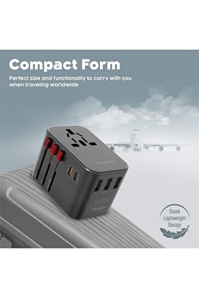 Promate Travel Adapter With 1840w Ac Socket, 20w Usb-c Pd, 15w Usb-c And 3 Usb Ports, Tripmate-36w