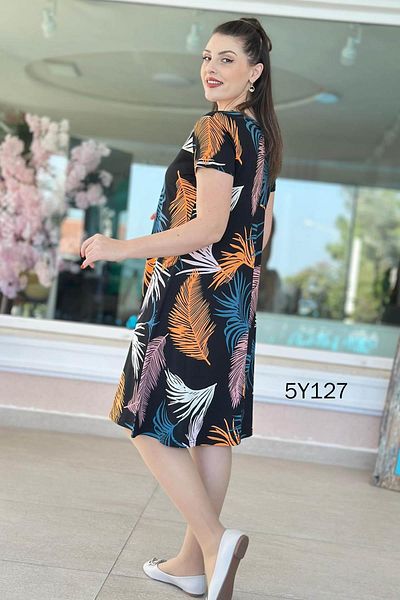 İnce Topuk Crew Neck Patterned Viscose Dress 5Y127