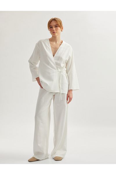 Koton Linen Blended Long Wide Sleeve Double Breasted Kimono