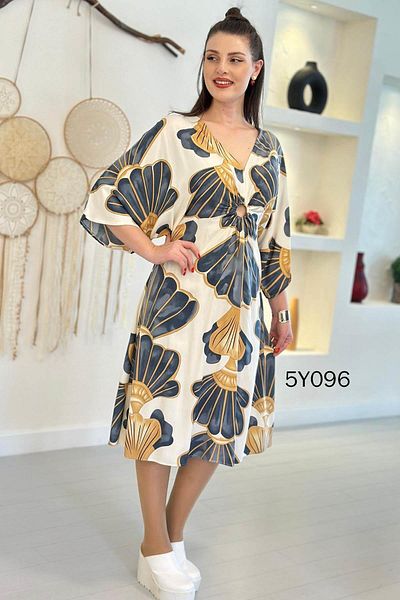 İnce Topuk V-Neck Ring Detail Viscose Dress 	 5Y096