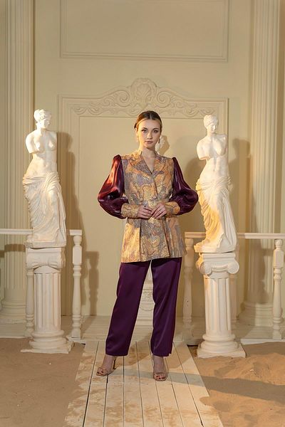 YAFA CLOTHING & ACCESSORIES Jacquard Jacket and Trousers Double Suit Cream
