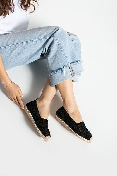 Getcho Krebs Women's Black Knitted Espadrille Straw Sole Summer Comfortable Casual Shoes Flat Sole Slip on