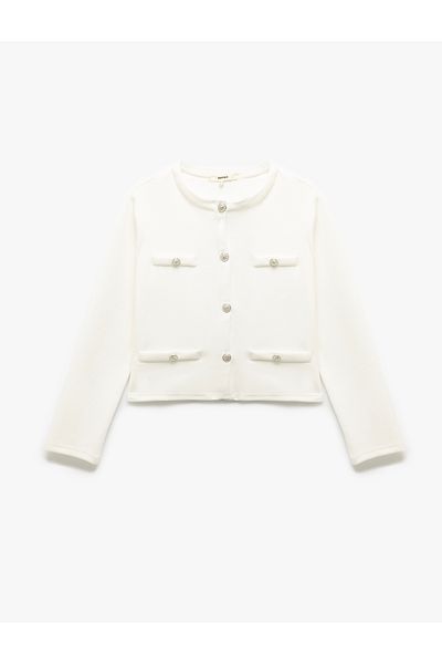 Koton Buttoned Applique Detailed Long Sleeve Round Neck Cardigan