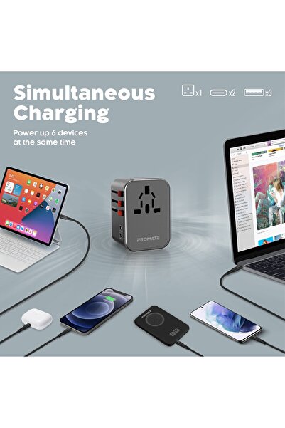 Promate Travel Adapter With 1840w Ac Socket, 20w Usb-c Pd, 15w Usb-c And 3 Usb Ports, Tripmate-36w