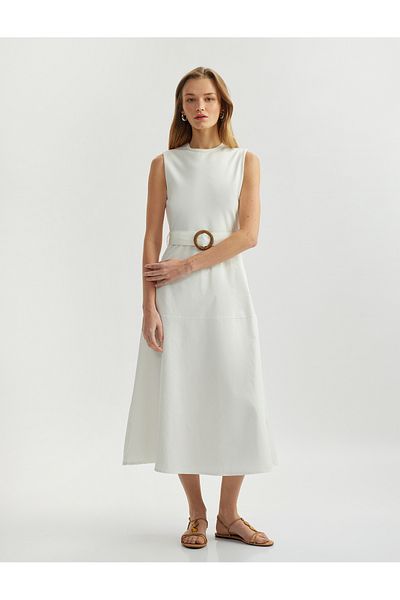 Koton Lined Cotton Crew Neck Sleeveless Belted Flared Midi Dress