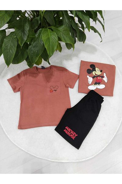 Store Boys' Summer Suit with Pocket Detail and Mickey Printed Shorts