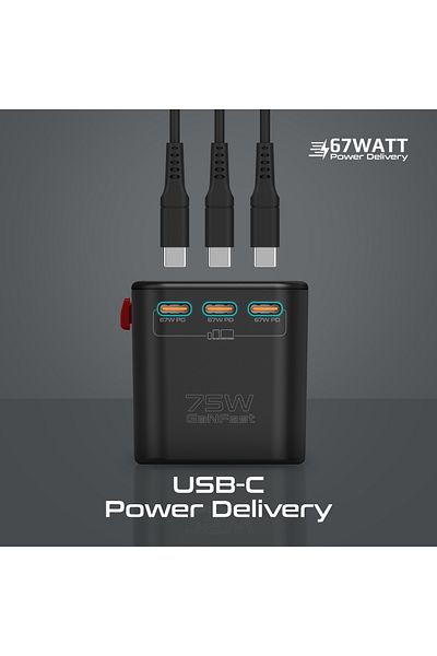 Promate Travel Adapter, Universal Gan Charge Adapter With 1840w Ac Socket, 75w Three Usb-c Power Del
