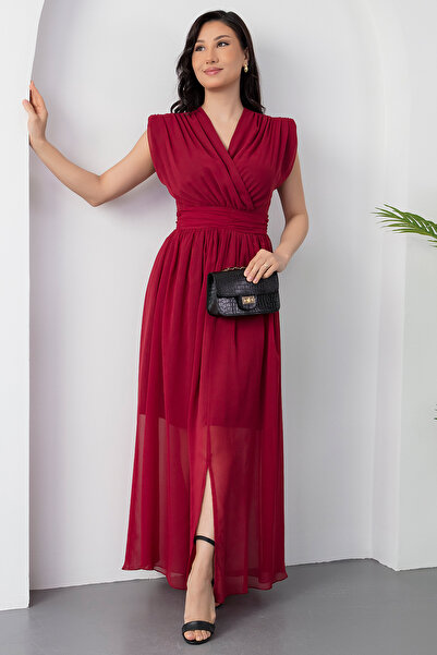 PULLIMM Kruvze Yaka Yırtmaçlı Şifon Elbise DKS1255