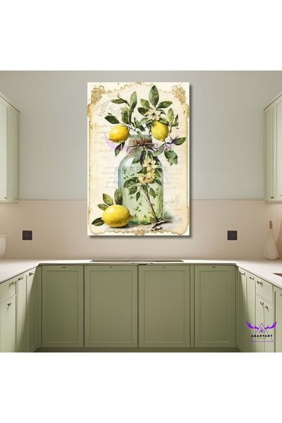abartart Tekli Dikey Kanvas Mutfak Tablosu Yeşil Kavanozda Limon Dalları Ve L...