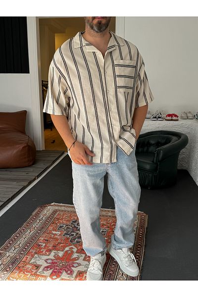 BYBASICMAN Black Knitted Striped Linen Shirt Jj-265