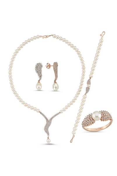 Birinci 14 Ayar Altın 7 mm Su Yolu Taşlı Doğal İnci Küpe Kolye Bileklik Yüzük Dörtlü Set