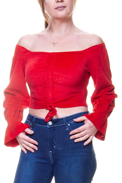 sharin Women's Velvet Fabric Red Gathered Crop Blouse 12d-6041