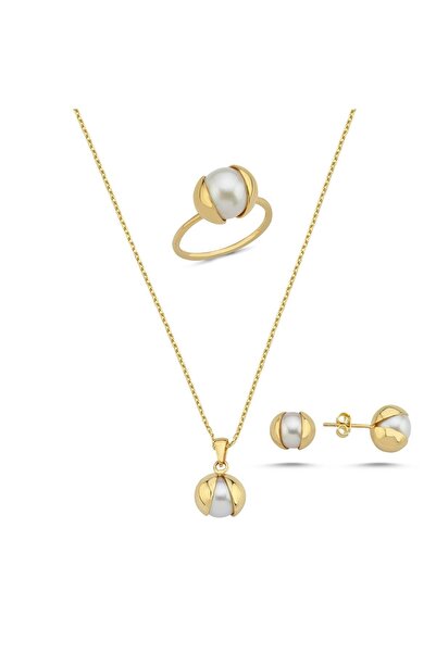 Birinci 14 Ayar Altın 10 mm Doğal İnci Küpe Kolye Yüzük Üçlü Set