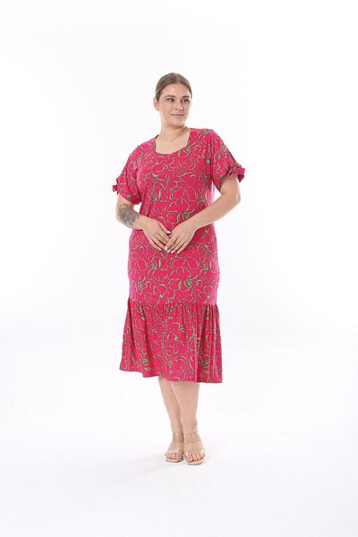 mezura tekstil Plus Size Above Knee Square Neck Tie Detailed Short Sleeve Viscose Combed Cotton Stylish Design Comfortable Dress