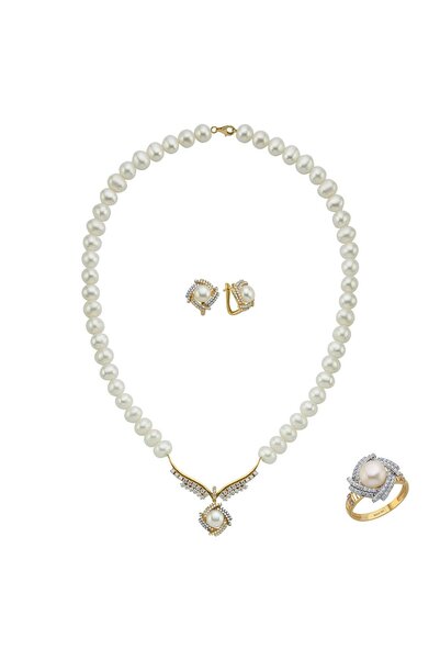 Birinci 14 Ayar Altın 6 mm Rüzgar Gülü Doğal İnci Küpe Kolye Yüzük Üçlü Set