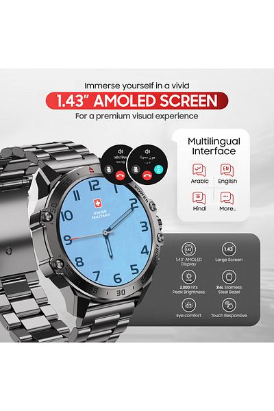 Swiss Military DOM5 Smartwatch 1.43" AMOLED,BT Calling,Health & Sports Tracking,IP68,Silver Frame with Sliver Strap