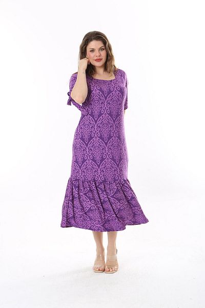 mezura tekstil Plus Size Above Knee Square Neck Tie Detailed Short Sleeve Viscose Combed Cotton Stylish Design Comfortable Dress
