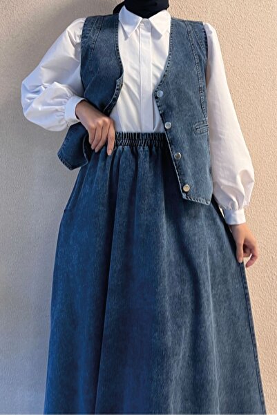 Bestenur Σετ πουκάμισο 3 τεμαχίων τζιν γιλέκο φούστα 1400 - Μπλε