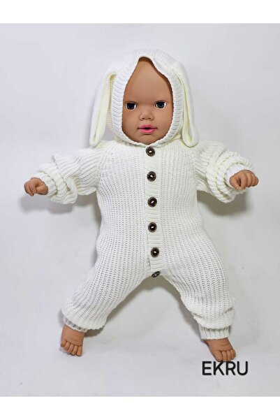 Meriç bebe Kapüşonlu Tavşan Kulaklı ve Düğme Detaylı Selanik Örgü Bebek Triko...