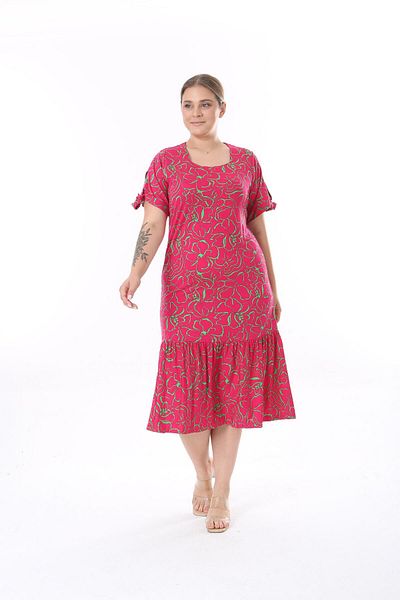 mezura tekstil Plus Size Above Knee Square Neck Tie Detailed Short Sleeve Viscose Combed Cotton Stylish Design Comfortable Dress