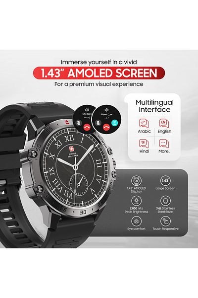 Swiss Military DOM5 Smartwatch 1.43" AMOLED,BT Calling,Health & Sports Tracking,IP68,Silver Frame with Sliver Strap
