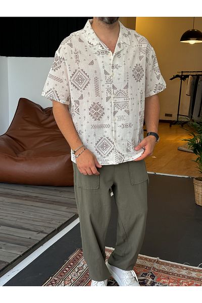 BYBASICMAN Ecru Geometric Patterned Short Sleeve Shirt V-548