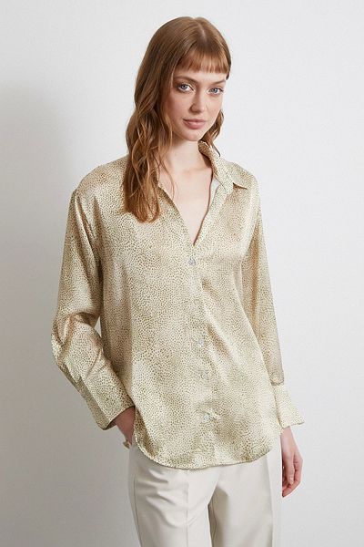 Never more Green V-Neck Patterned Satin Shirt