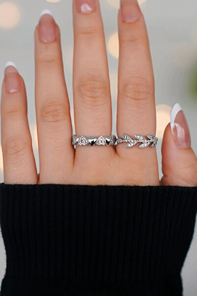 TREND COLLECTİON Sıra Taşlı Ayarlanabilir 2'li Kalp Ve Taç Zarif Gümüş Kadın ...