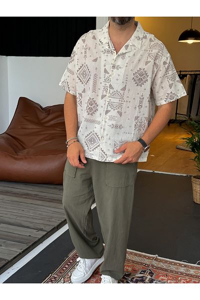 BYBASICMAN Ecru Geometric Patterned Short Sleeve Shirt V-548