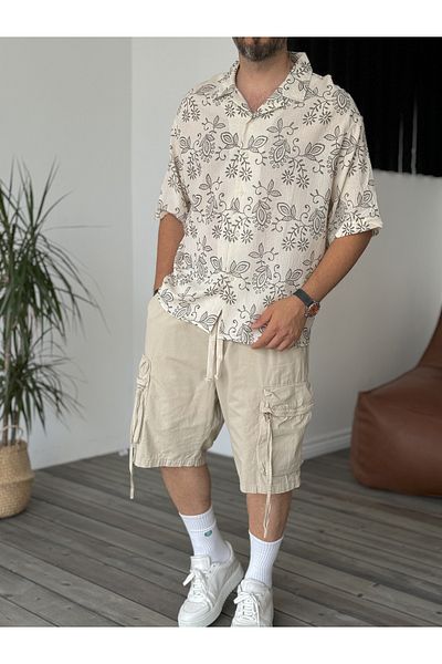 BYBASICMAN Ecru Internal Patterned Short Sleeve Shirt V-40-940