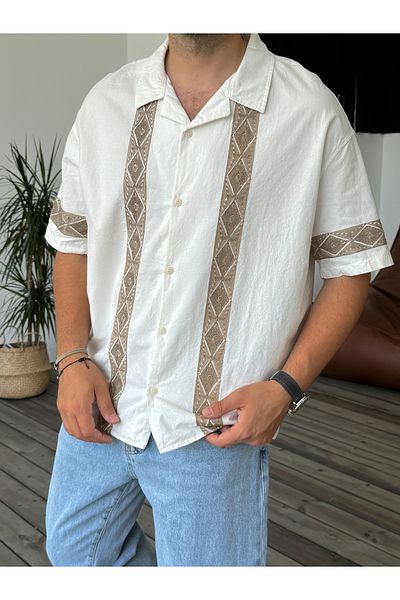 BYBASICMAN Ecru Lace Embroidered Short Sleeve Shirt V-847