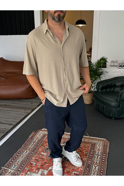 BYBASICMAN Beige Patterned Short Sleeve Shirt C-1683