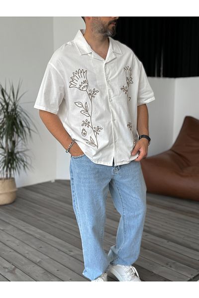 BYBASICMAN White Flower Embroidered Short Sleeve Shirt V-40-803