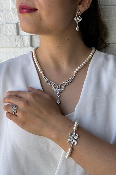 Birinci 925 Ayar Gümüş 8 mm Koç Başı Zirkon Taşlı İnci Kolye Bileklik Küpe Yü...