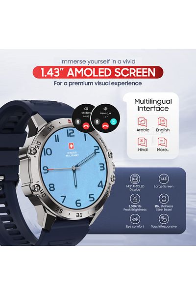 Swiss Military DOM5 Smartwatch 1.43" AMOLED,BT Calling,Health & Sports Tracking, IP68,Silver Frame with Blue Strap