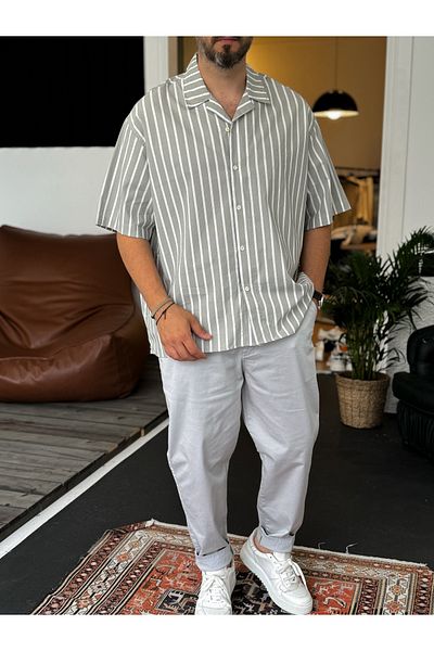 BYBASICMAN Green Vertical Striped Short Sleeve Shirt V-40-482