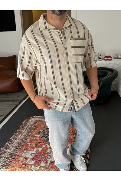 BYBASICMAN Khaki Knitted Striped Linen Shirt Jj-265