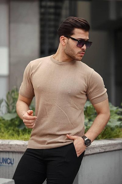 VİP LOKAL Μπεζ Βασικό Πλεκτό T-shirt