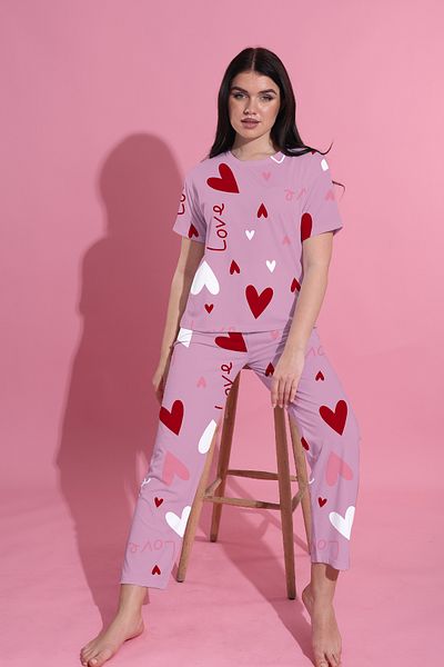 şuranur Wide Fit Heart Bamboo Patterned Pajama Set