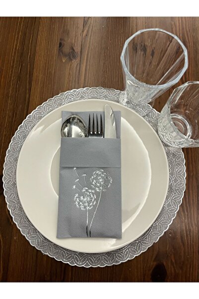 kidspartim Gümüş Yaldızlı Kumaş Dokulu Air Laid Kanguru Hindiba Gri Cepli Peç...