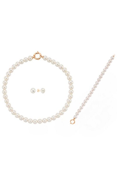 Birinci 925 Ayar Gümüş 9 mm Gemici Kilit Doğal İnci Kolye Bileklik Küpe Üçlü ...