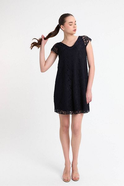 Laranor Navy Blue Collar Detailed Guipure Embroidered Lace Dress Day - Night Chic 20L6805