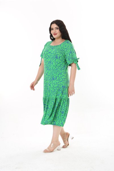 Generic Brand Plus Size Above Knee Square Neck Tie Detailed Short Sleeve Viscose Combed Cotton Stylish Design Comfortable Dress