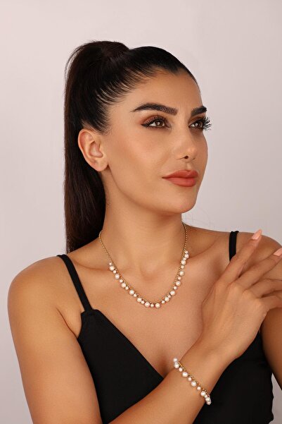 Birinci 14 Ayar Altın 5 mm Doğal İnci Sallantılı Kolye Bileklik İkili Set