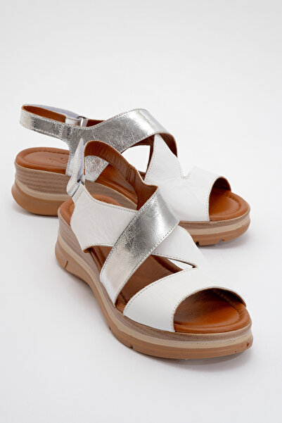 Zeynep Sıradağlı Silviana Kaplama Hakiki Deri Sandalet Beyaz-Lame