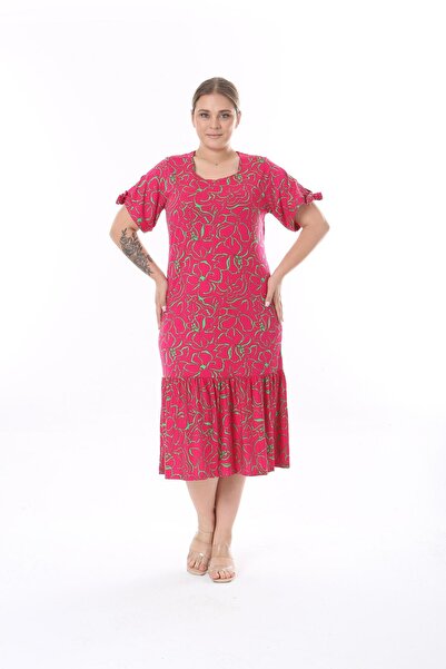 mezura tekstil Plus Size Above Knee Square Neck Tie Detailed Short Sleeve Viscose Combed Cotton Stylish Design Comfortable Dress