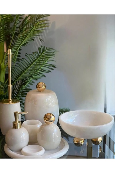 ege gross Dekoratif Doğal Beyaz Oval Mermer Aksesuar Detaylı Mermer Banyo Set...
