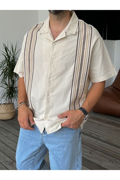 BYBASICMAN Beige Embroidered Short Sleeve Shirt V-802